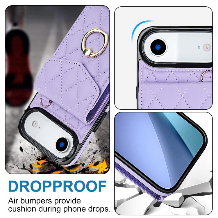 For iPhone Air Rhombic Texture Card Bag Phone Case with Long Lanyard(Light Purple) - iPhone Air Cases by buy2fix | Online Shopping UK | buy2fix