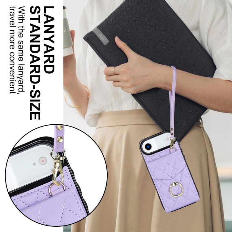 For iPhone Air Rhombic Texture Card Bag Phone Case with Long Lanyard(Light Purple) - iPhone Air Cases by buy2fix | Online Shopping UK | buy2fix