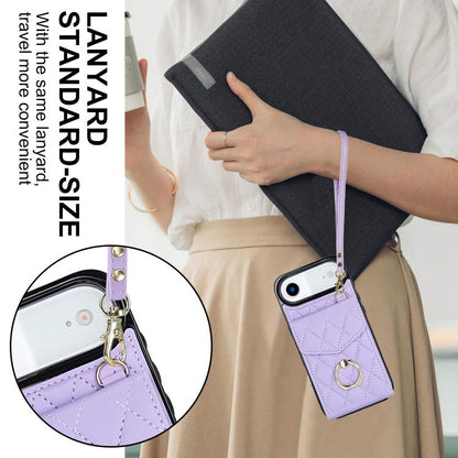 For iPhone Air Rhombic Texture Card Bag Phone Case with Long Lanyard(Light Purple) - iPhone Air Cases by buy2fix | Online Shopping UK | buy2fix
