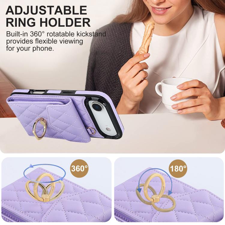 For iPhone Air Rhombic Texture Card Bag Phone Case with Long Lanyard(Light Purple) - iPhone Air Cases by buy2fix | Online Shopping UK | buy2fix