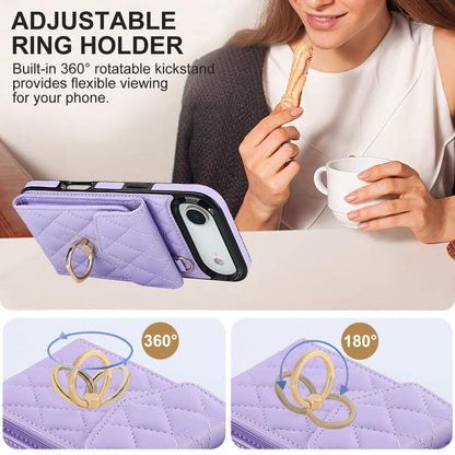 For iPhone Air Rhombic Texture Card Bag Phone Case with Long Lanyard(Light Purple) - iPhone Air Cases by buy2fix | Online Shopping UK | buy2fix