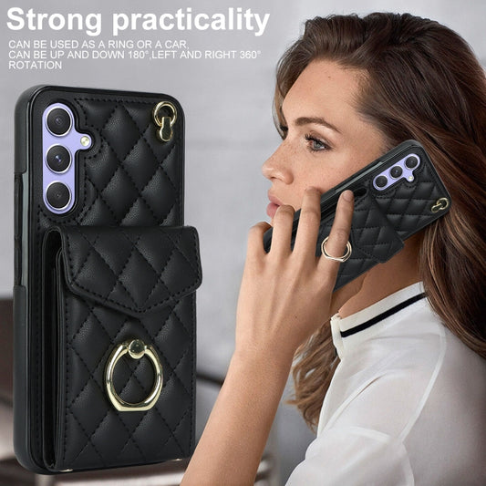 For Samsung Galaxy A54 5G Rhombic Texture Card Bag Phone Case with Long Lanyard(Black) by buy2fix