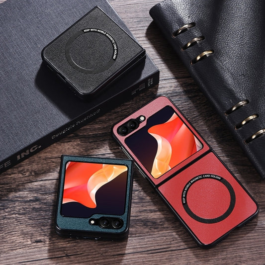 For Samsung Galaxy Z Flip5 Magsafe Magnetic Ring Leather Texture Phone Case(Green) - Galaxy Z Flip5 Cases by buy2fix | Online Shopping UK | buy2fix