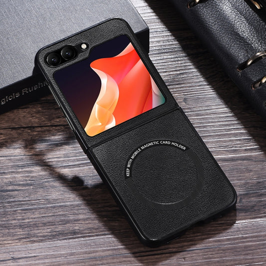 For Samsung Galaxy Z Flip5 Magsafe Magnetic Ring Leather Texture Phone Case(Black) - Galaxy Z Flip5 Cases by buy2fix | Online Shopping UK | buy2fix