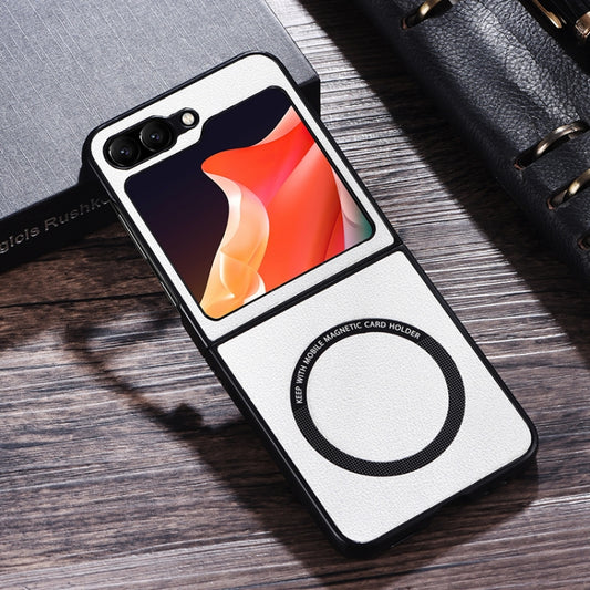 For Samsung Galaxy Z Flip5 Magsafe Magnetic Ring Leather Texture Phone Case(White) - Galaxy Z Flip5 Cases by buy2fix | Online Shopping UK | buy2fix