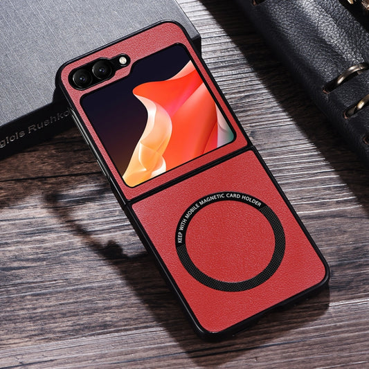 For Samsung Galaxy Z Flip5 Magsafe Magnetic Ring Leather Texture Phone Case(Red) - Galaxy Z Flip5 Cases by buy2fix | Online Shopping UK | buy2fix