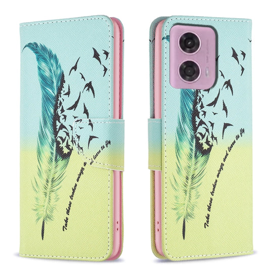 For Motorola Moto G34 5G / G45 5G Colored Drawing Pattern Leather Phone Case(Feather)
