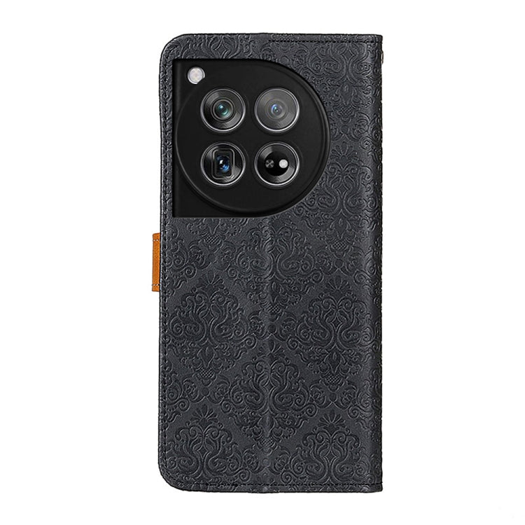 For OnePlus 12 European Floral Embossed Flip Leather Phone Case(Black) - OnePlus Cases by buy2fix | Online Shopping UK | buy2fix