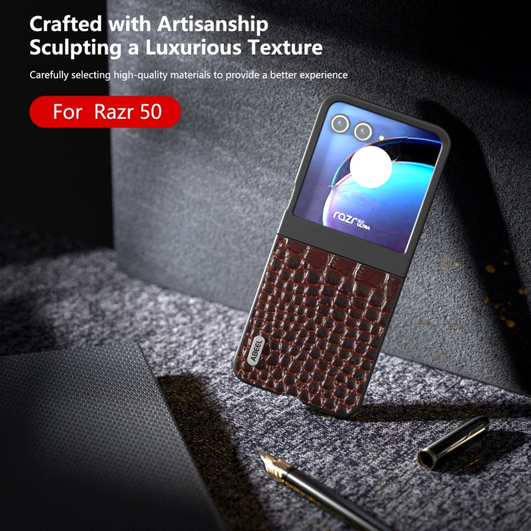 For Motorola Razr 50 ABEEL Genuine Leather Crocodile Pattern Black Edge Phone Case(Coffee) by buy2fix
