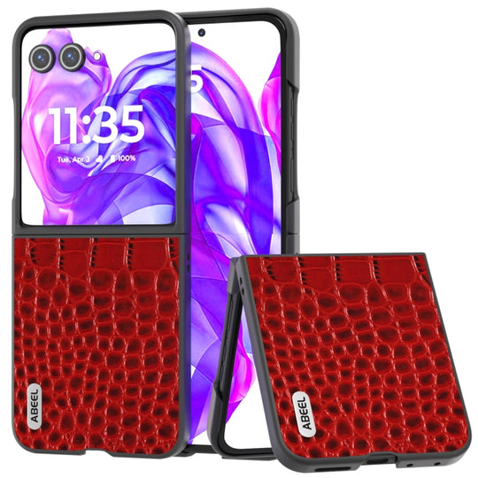 For Motorola Razr 50 Ultra ABEEL Genuine Leather Crocodile Pattern Black Edge Phone Case(Red)
