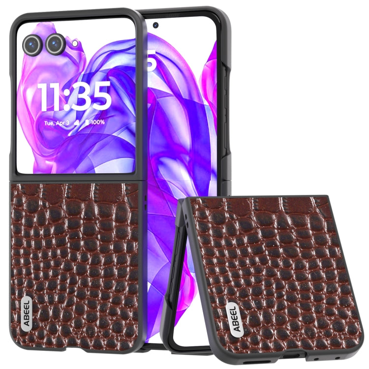 For Motorola Razr 50 Ultra ABEEL Genuine Leather Crocodile Pattern Black Edge Phone Case(Coffee) - Motorola Cases by buy2fix | Online Shopping UK | buy2fix