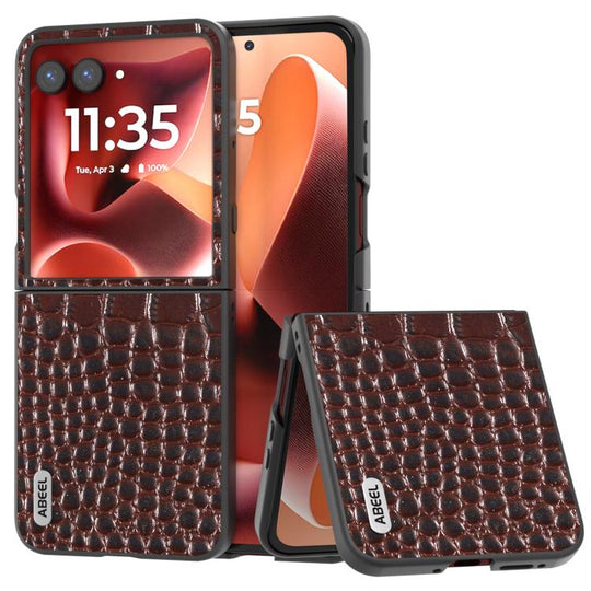 For Motorola Razr 60 Ultra ABEEL Genuine Leather Crocodile Pattern Black Edge Phone Case(Coffee)