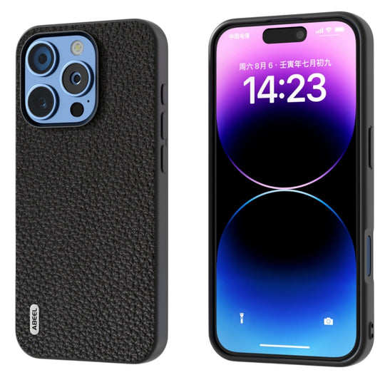 For iPhone 16 Pro ABEEL Genuine Leather Litchi Texture Phone Case(Black)
