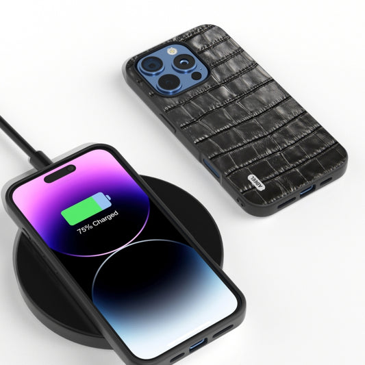 For iPhone 16 Pro ABEEL Crocodile Texture Genuine Leather Phone Case(Black) by buy2fix