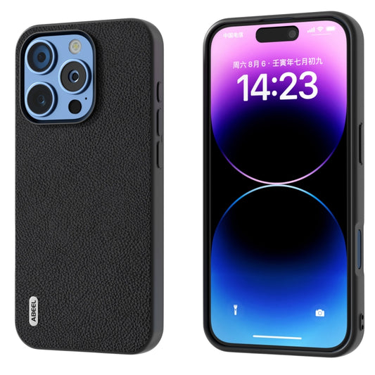 For iPhone 16 Pro ABEEL Genuine Leather + PC Litchi Texture Phone Case(Black) - iPhone 16 Pro Cases by buy2fix | Online Shopping UK | buy2fix