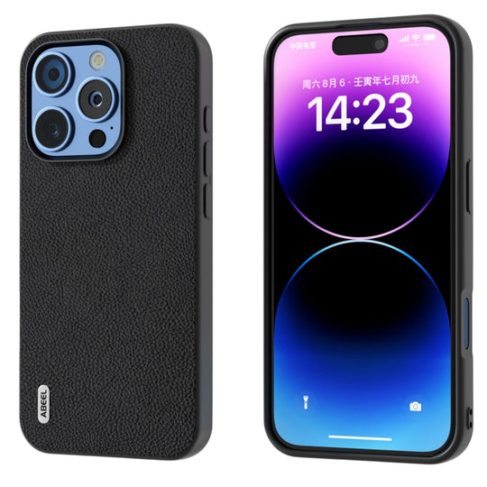 For iPhone 16 Pro ABEEL Genuine Leather + PC Litchi Texture Phone Case(Black)