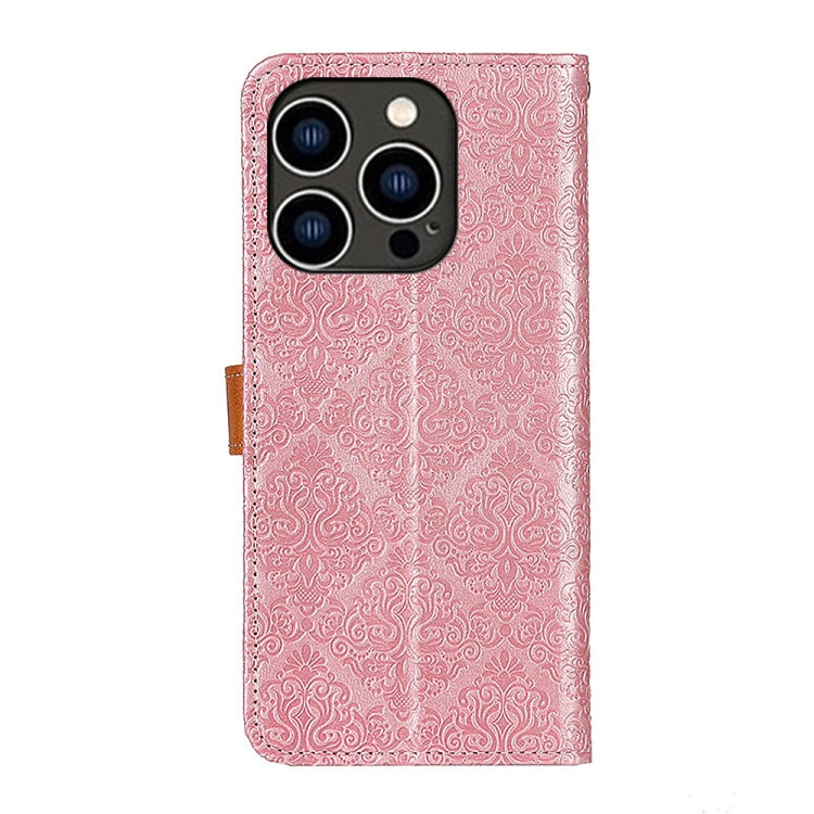 For iPhone 16 Pro European Floral Embossed Leather Phone Case(Pink) by buy2fix