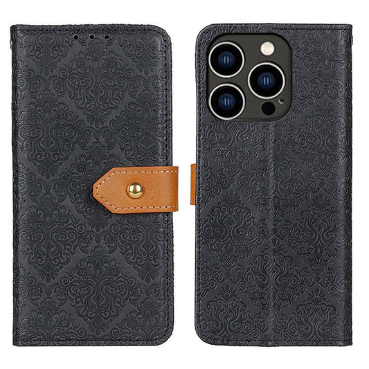 For iPhone 16 Pro European Floral Embossed Leather Phone Case(Black) by buy2fix