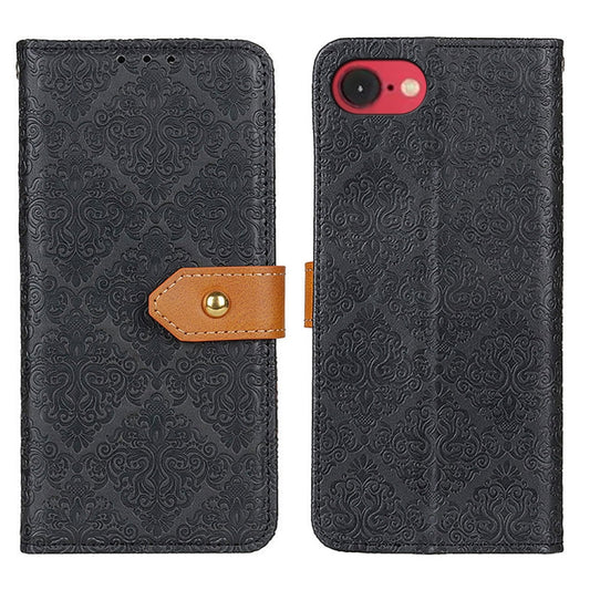For iPhone 16e European Floral Embossed Leather Phone Case(Black) by buy2fix