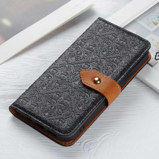 For iPhone 16e European Floral Embossed Leather Phone Case(Black) by buy2fix