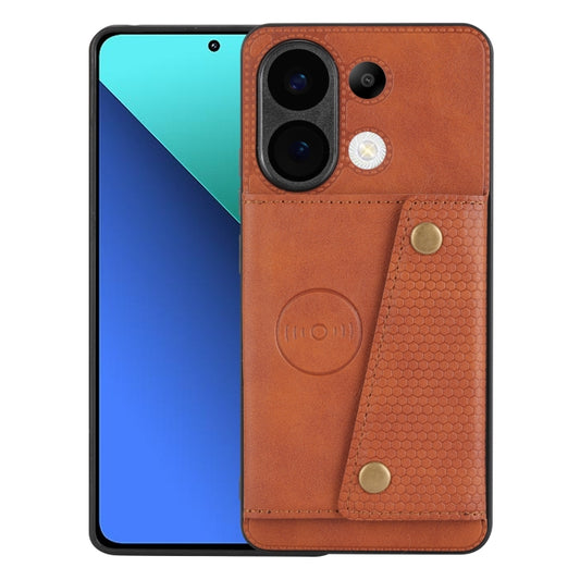 For Xiaomi Redmi Note 13 4G Global Double Buckle Card Slots Magnetic Phone Case(Brown) - Xiaomi Cases by buy2fix | Online Shopping UK | buy2fix