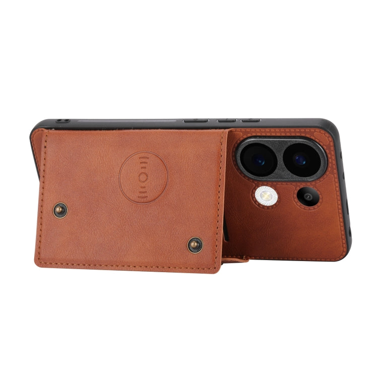 For Xiaomi Redmi Note 13 4G Global Double Buckle Card Slots Magnetic Phone Case(Brown) - Xiaomi Cases by buy2fix | Online Shopping UK | buy2fix