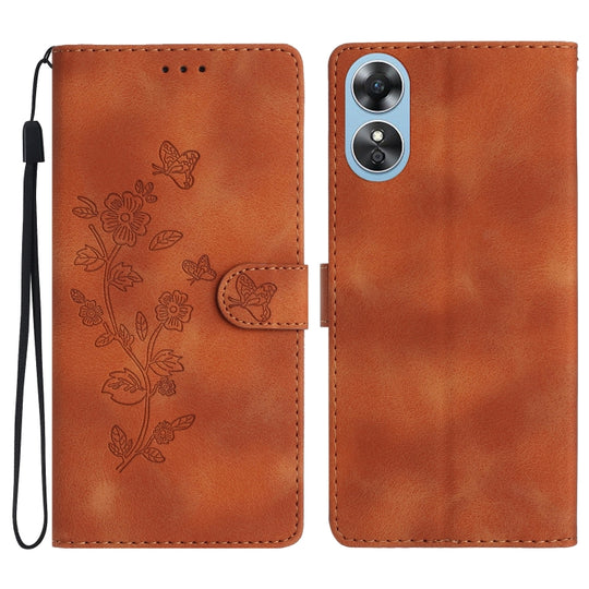 For OPPO A17 Flower Butterfly Embossing Pattern Leather Phone Case(Brown)