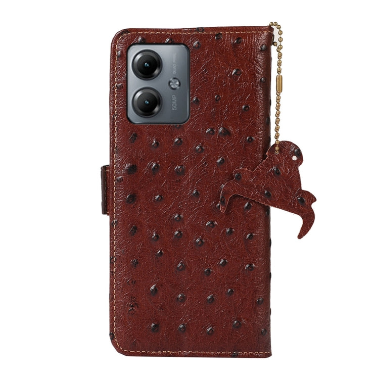 For Motorola Moto G14 4G Ostrich Pattern Genuine Leather RFID Phone Case(Coffee) - Motorola Cases by buy2fix | Online Shopping UK | buy2fix