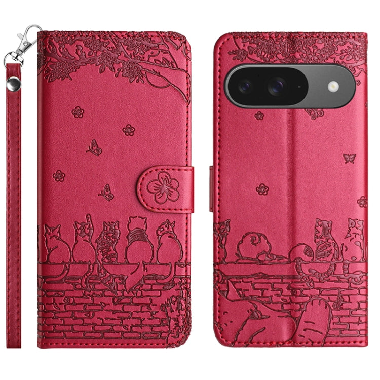 For Google Pixel 9 / 9 Pro Cat Embossing Pattern Leather Phone Case with Lanyard(Red) by buy2fix