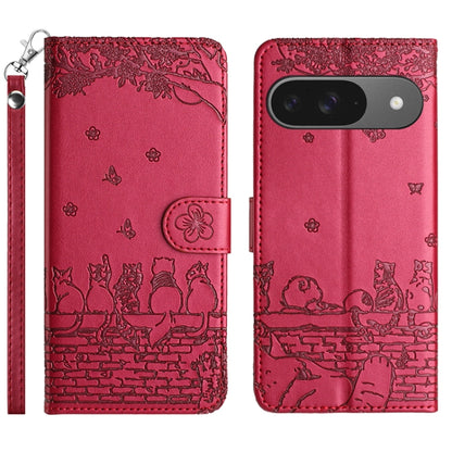 For Google Pixel 9 / 9 Pro Cat Embossing Pattern Leather Phone Case with Lanyard(Red) by buy2fix