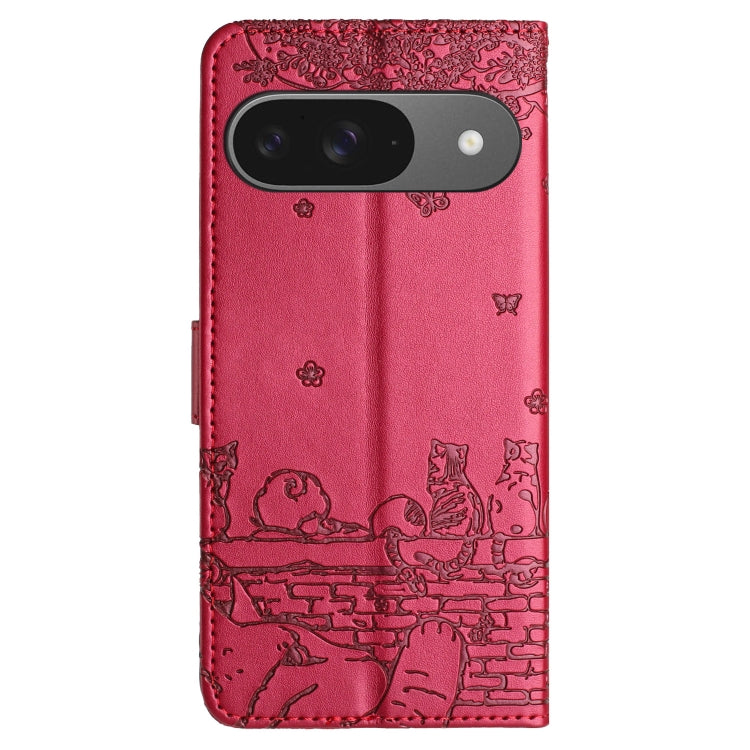 For Google Pixel 9 / 9 Pro Cat Embossing Pattern Leather Phone Case with Lanyard(Red) by buy2fix