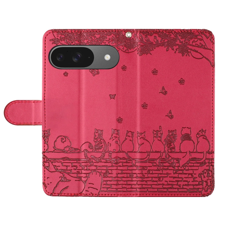 For Google Pixel 9 / 9 Pro Cat Embossing Pattern Leather Phone Case with Lanyard(Red) by buy2fix