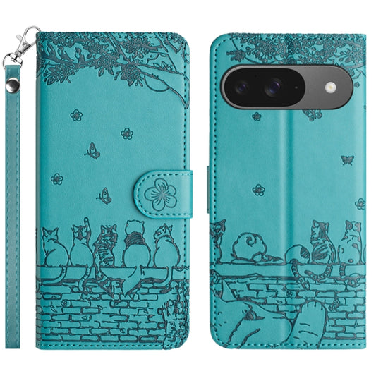 For Google Pixel 9 / 9 Pro Cat Embossing Pattern Leather Phone Case with Lanyard(Blue) by buy2fix