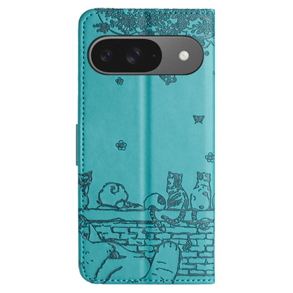 For Google Pixel 9 / 9 Pro Cat Embossing Pattern Leather Phone Case with Lanyard(Blue) by buy2fix