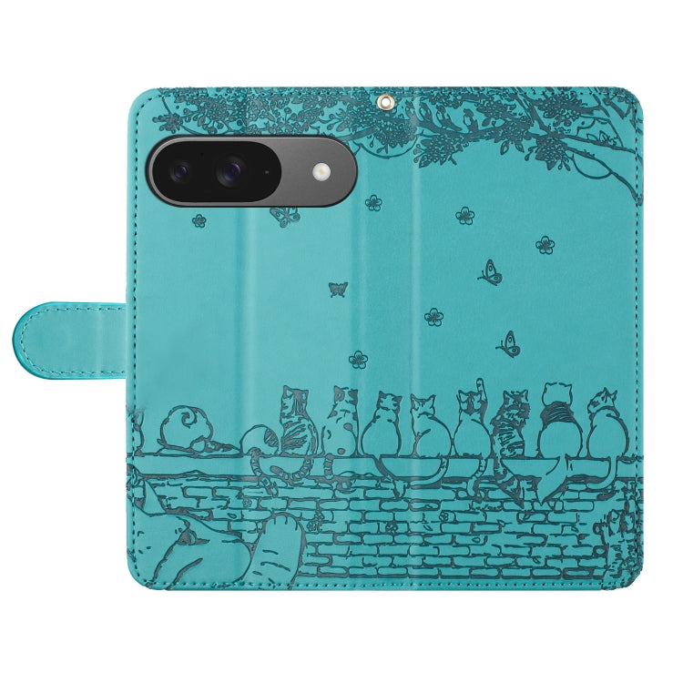 For Google Pixel 9 / 9 Pro Cat Embossing Pattern Leather Phone Case with Lanyard(Blue) by buy2fix