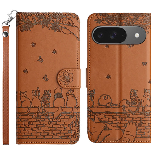 For Google Pixel 9 / 9 Pro Cat Embossing Pattern Leather Phone Case with Lanyard(Brown) by buy2fix