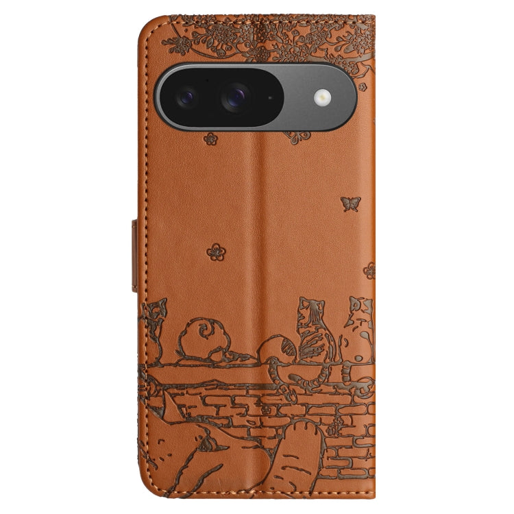 For Google Pixel 9 / 9 Pro Cat Embossing Pattern Leather Phone Case with Lanyard(Brown) by buy2fix