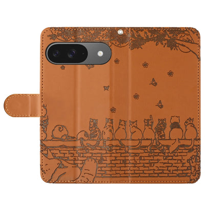 For Google Pixel 9 / 9 Pro Cat Embossing Pattern Leather Phone Case with Lanyard(Brown) by buy2fix