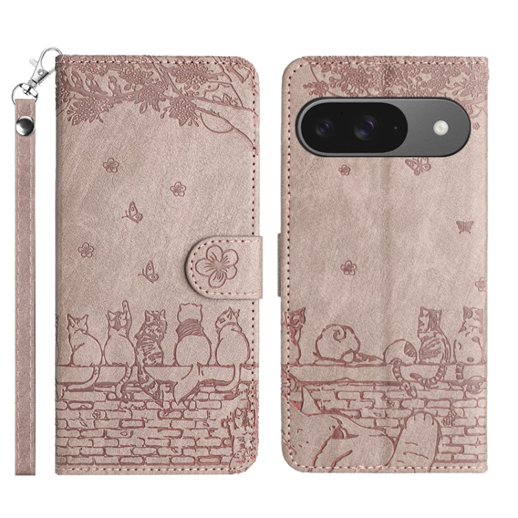 For Google Pixel 9 / 9 Pro Cat Embossing Pattern Leather Phone Case with Lanyard(Grey) by buy2fix