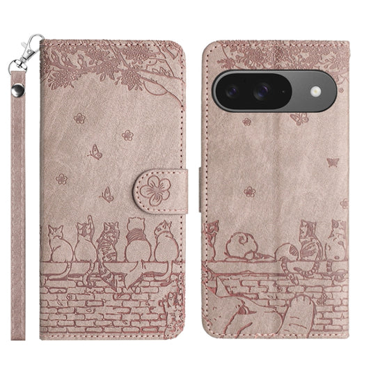 For Google Pixel 9 / 9 Pro Cat Embossing Pattern Leather Phone Case with Lanyard(Grey) by buy2fix