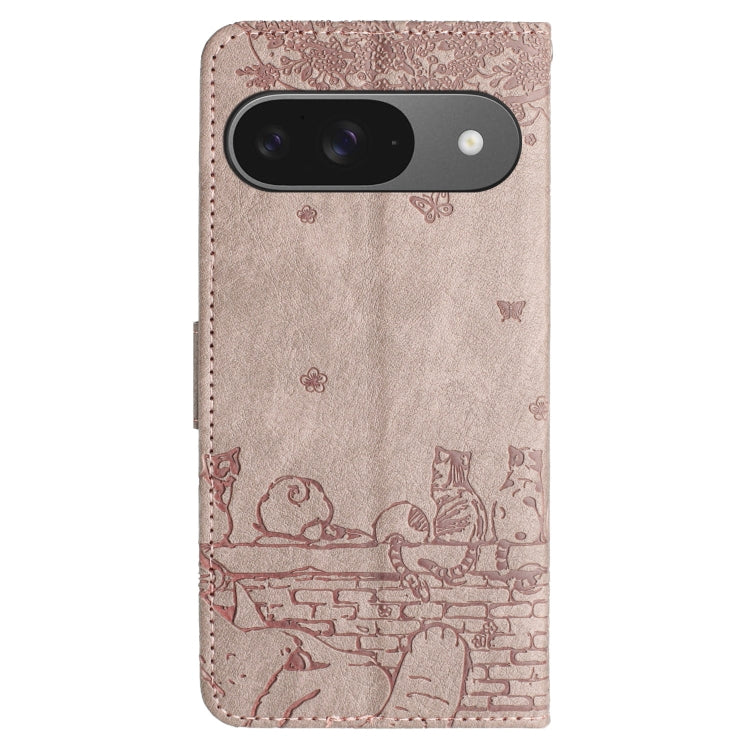 For Google Pixel 9 / 9 Pro Cat Embossing Pattern Leather Phone Case with Lanyard(Grey) by buy2fix