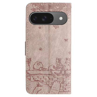 For Google Pixel 9 / 9 Pro Cat Embossing Pattern Leather Phone Case with Lanyard(Grey) by buy2fix