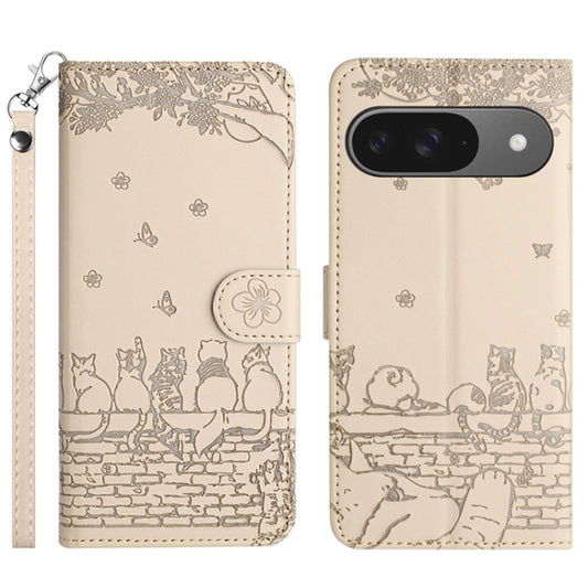 For Google Pixel 9 / 9 Pro Cat Embossing Pattern Leather Phone Case with Lanyard(Beige) by buy2fix