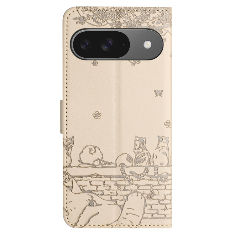 For Google Pixel 9 / 9 Pro Cat Embossing Pattern Leather Phone Case with Lanyard(Beige) by buy2fix