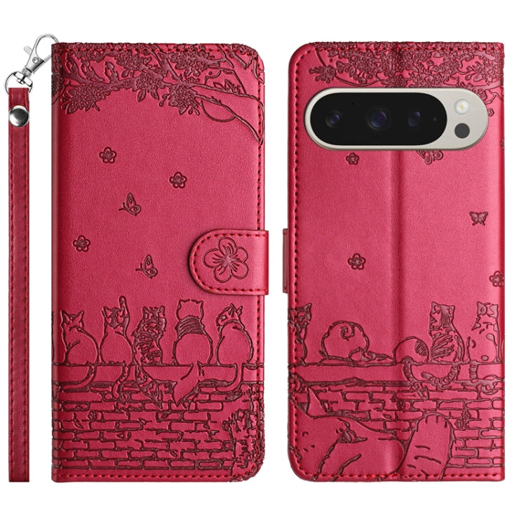 For Google Pixel 9 Pro XL Cat Embossing Pattern Leather Phone Case with Lanyard(Red) by buy2fix