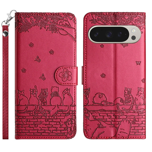 For Google Pixel 9 Pro XL Cat Embossing Pattern Leather Phone Case with Lanyard(Red) by buy2fix