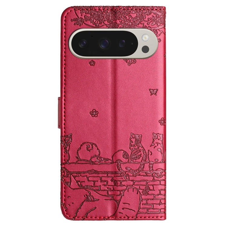 For Google Pixel 9 Pro XL Cat Embossing Pattern Leather Phone Case with Lanyard(Red) by buy2fix