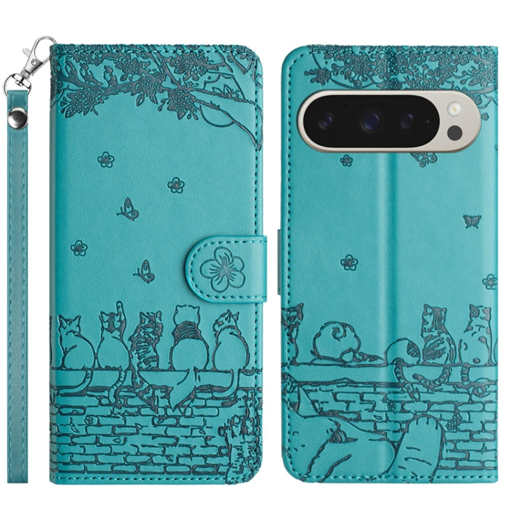 For Google Pixel 9 Pro XL Cat Embossing Pattern Leather Phone Case with Lanyard(Blue) by buy2fix