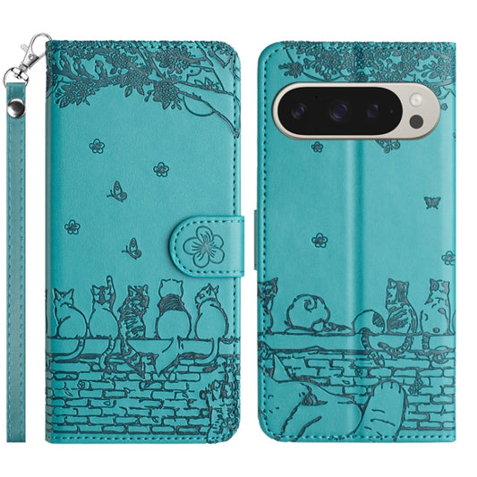 For Google Pixel 9 Pro XL Cat Embossing Pattern Leather Phone Case with Lanyard(Blue) by buy2fix