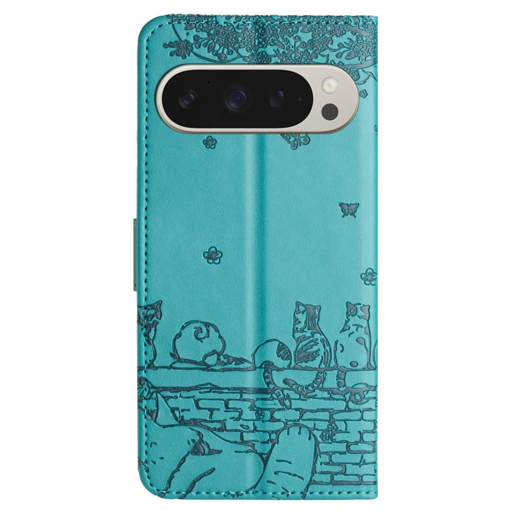 For Google Pixel 9 Pro XL Cat Embossing Pattern Leather Phone Case with Lanyard(Blue) by buy2fix